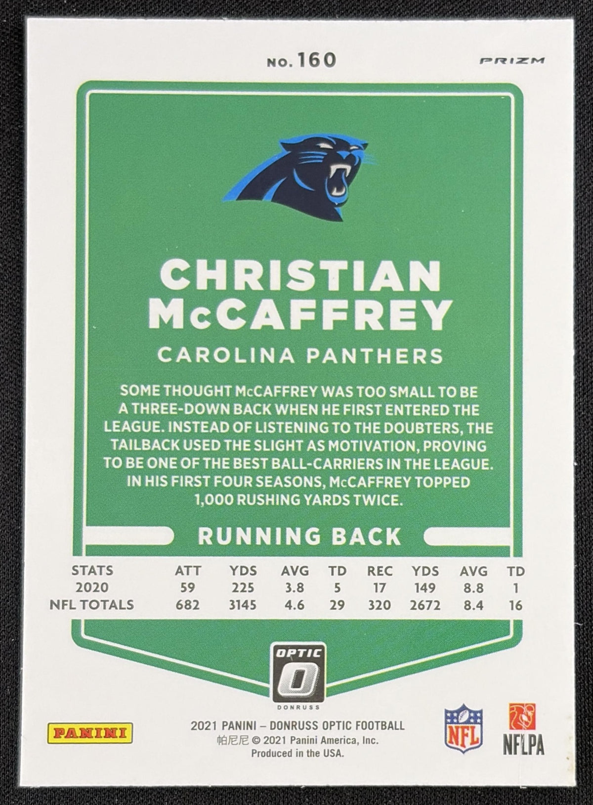 Christian McCaffrey 2021 Panini Donruss Optic Holo Panthers - Back