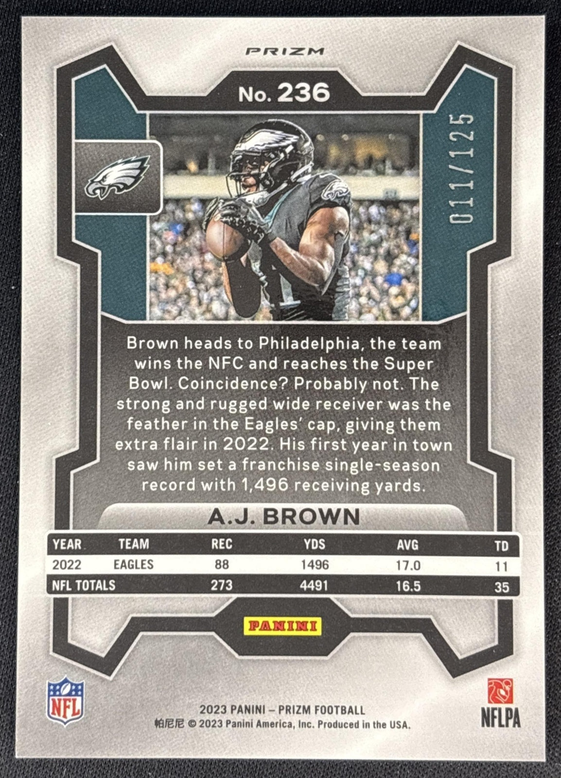 A.J. Brown 2023 Panini Prizm Purple /125 Eagles back