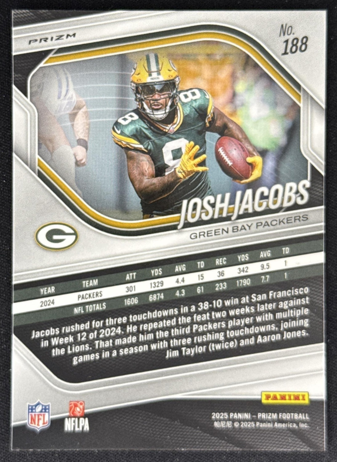 Josh Jacobs 2025 Panini Prizm Lazer Packers Sports Trading Card