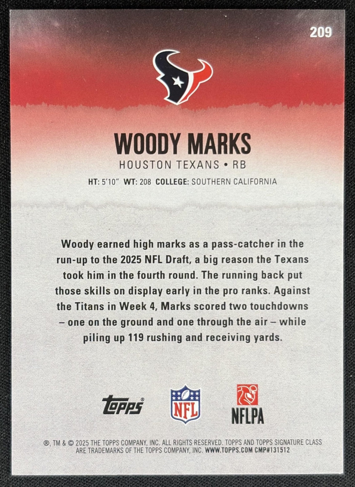 Woody Marks 2025 Topps Signature Class Rookie Lime Green Foil /175 Texans
