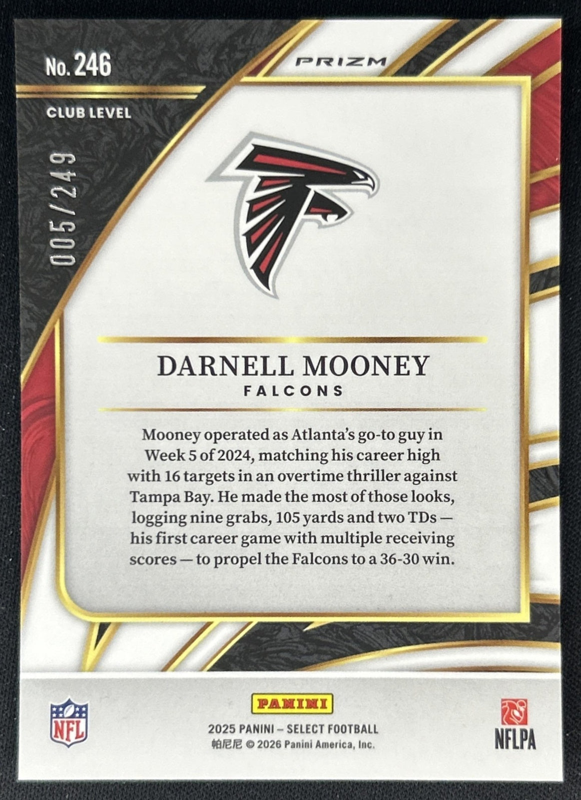Darnell Mooney 2025 Panini Select Club Level Tri-Color Prizm /249 Falcons back