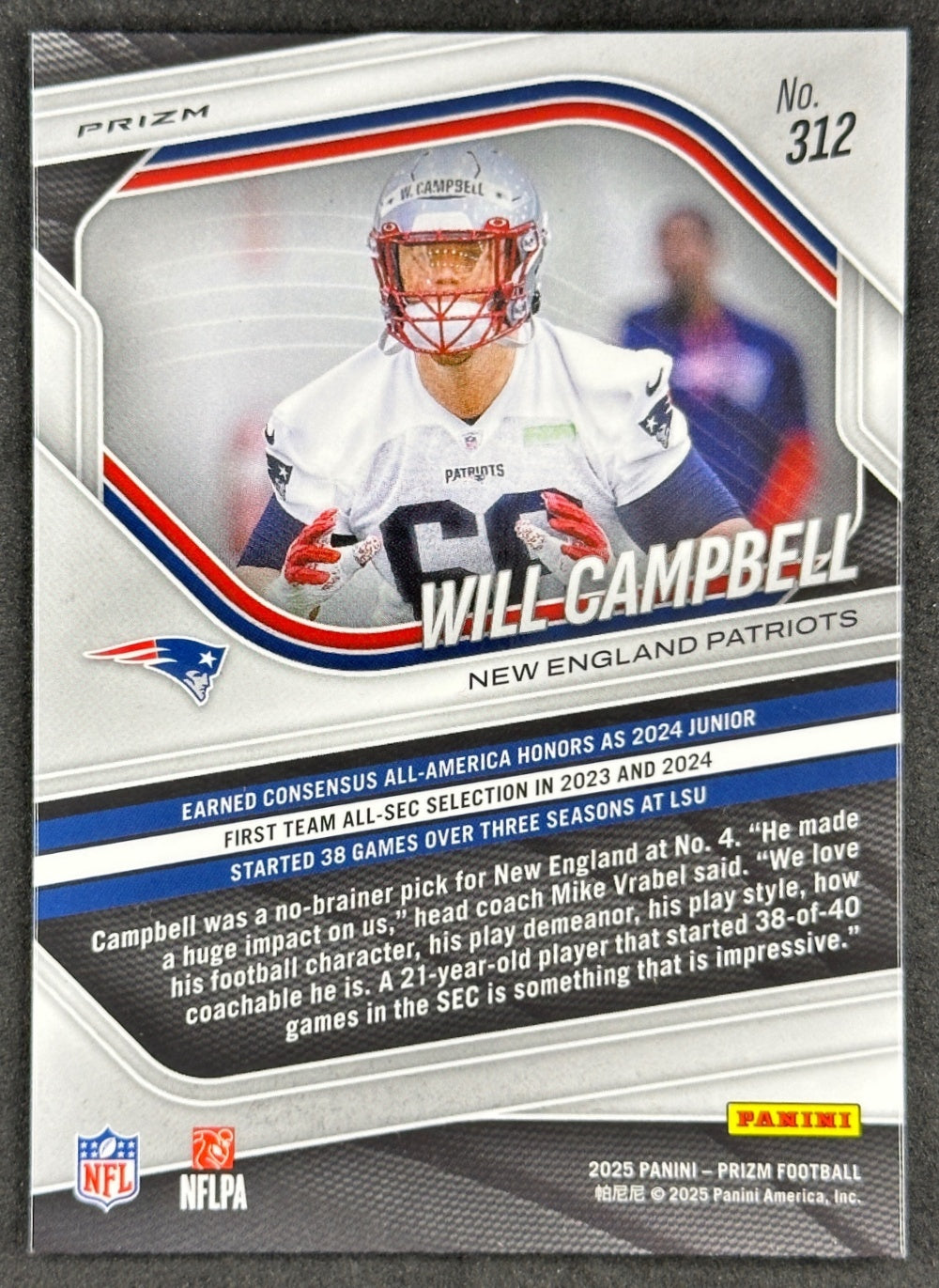 Will Campbell 2025 Prizm Lazer Patriots Sports Trading Card