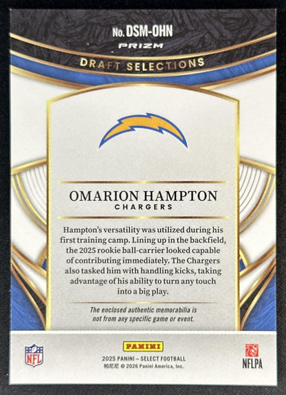 Omarion Hampton 2025 Select Draft Selections Memorabilia Red Prizm Chargers Sports Trading Cards