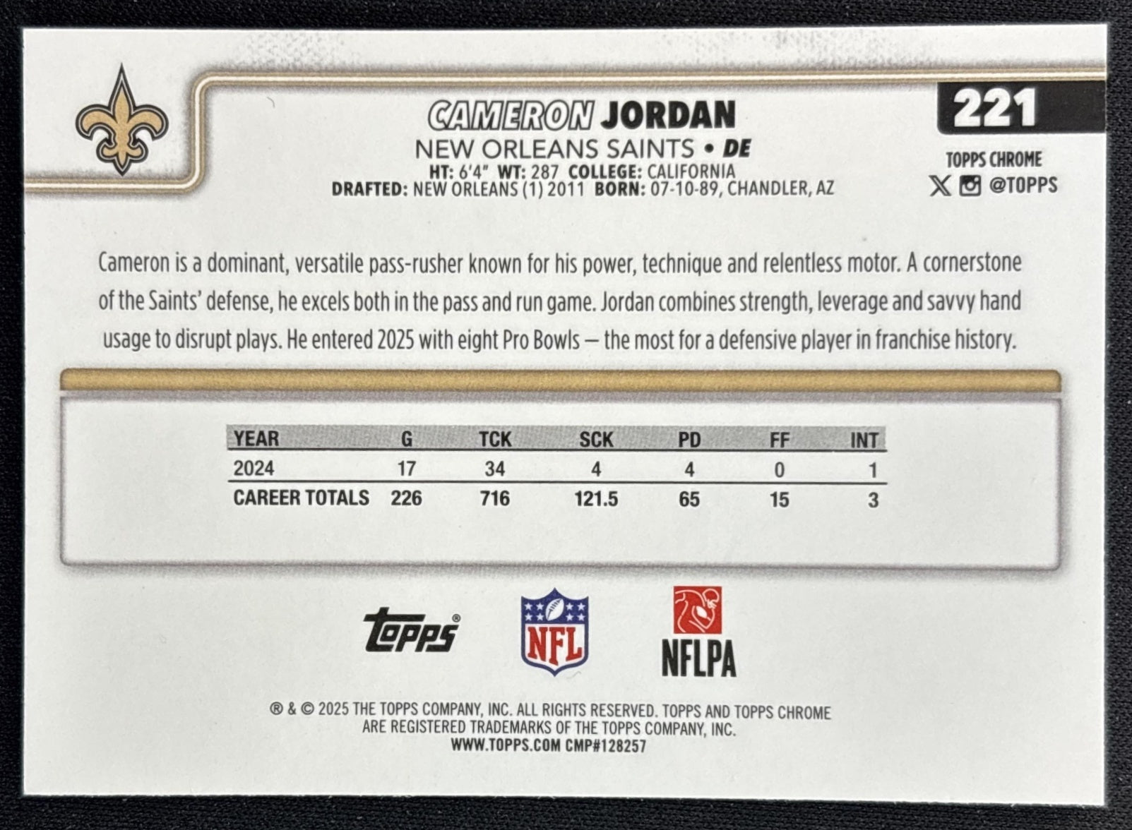 Cameron Jordan 2025 Topps Chrome Neon Pulse Refractor Saints back