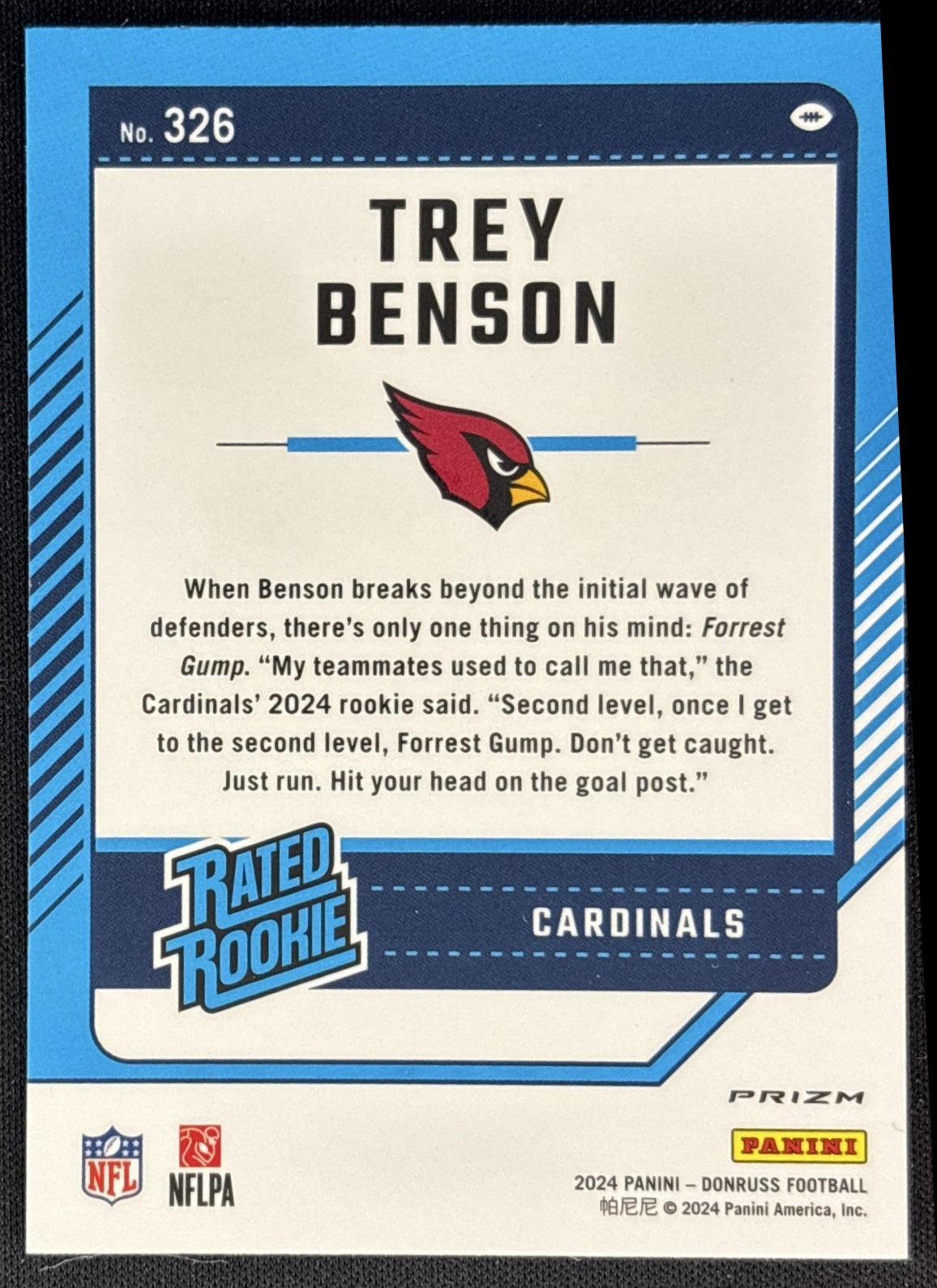 Trey Benson 2024 Panini Donruss Optic Rated Rookie Preview Pink Cardinals back