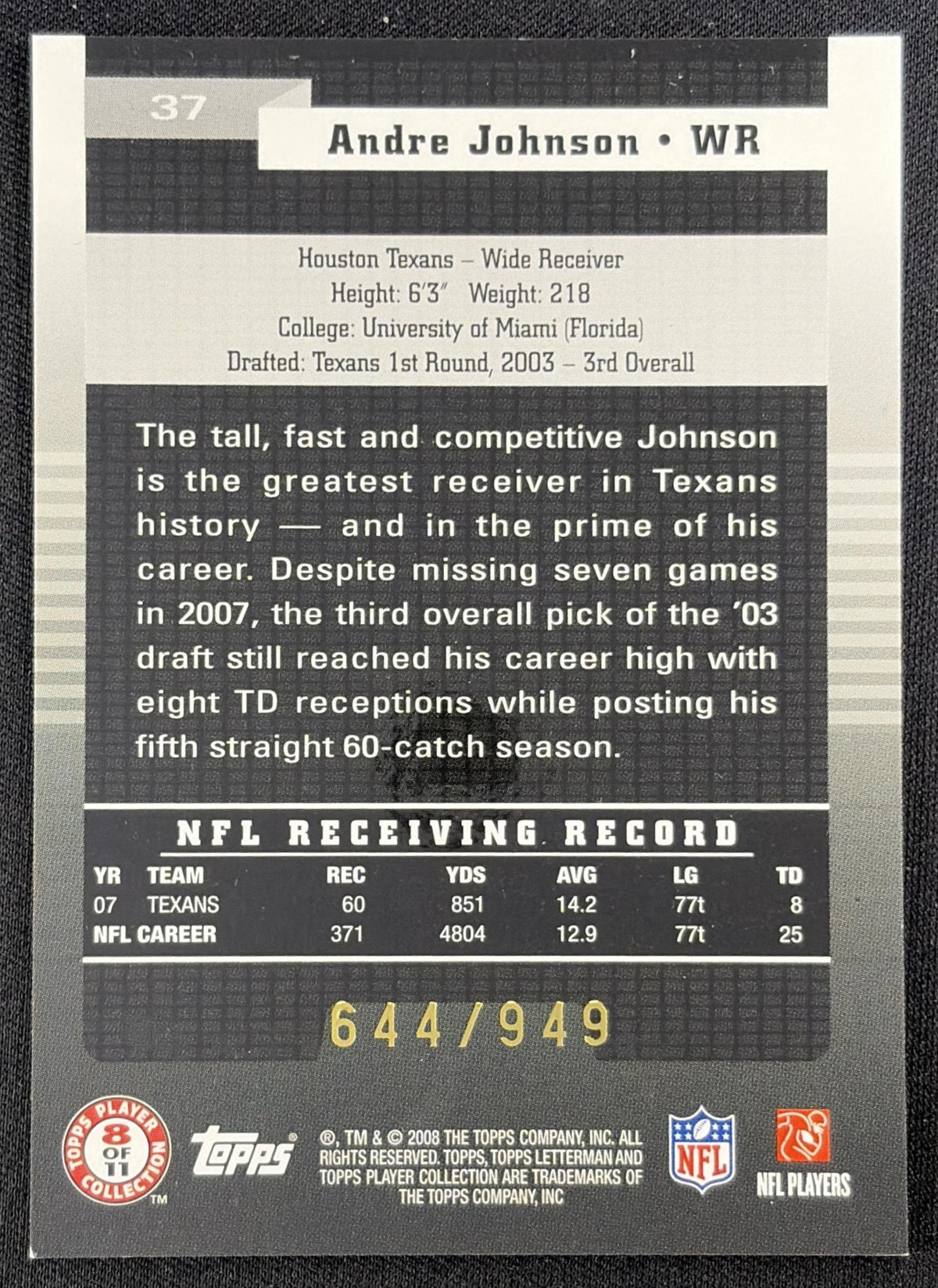 Andre Johnson 2008 Topps Letterman /949 Texans
