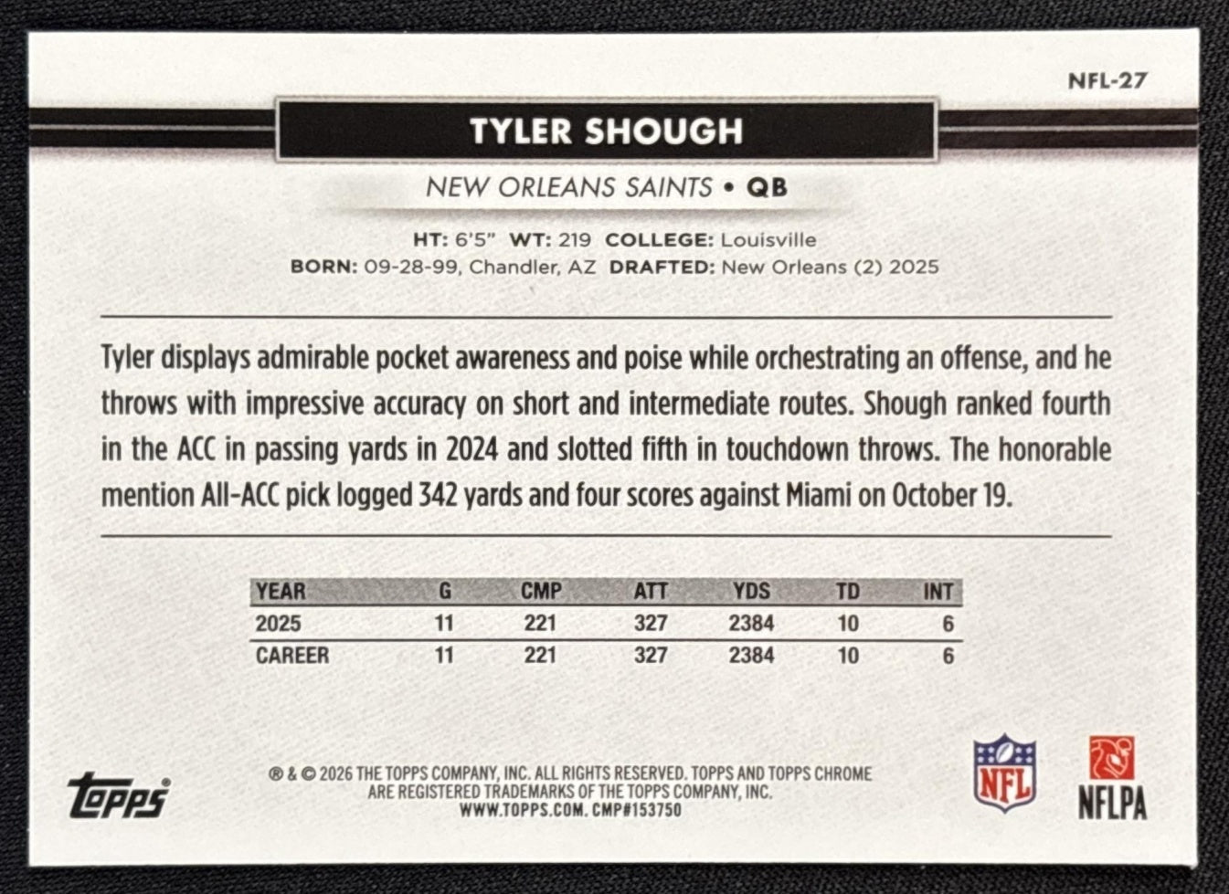 Tyler Shough 2026 Topps NSCC Collection NFL Saints Sports Trading Cards