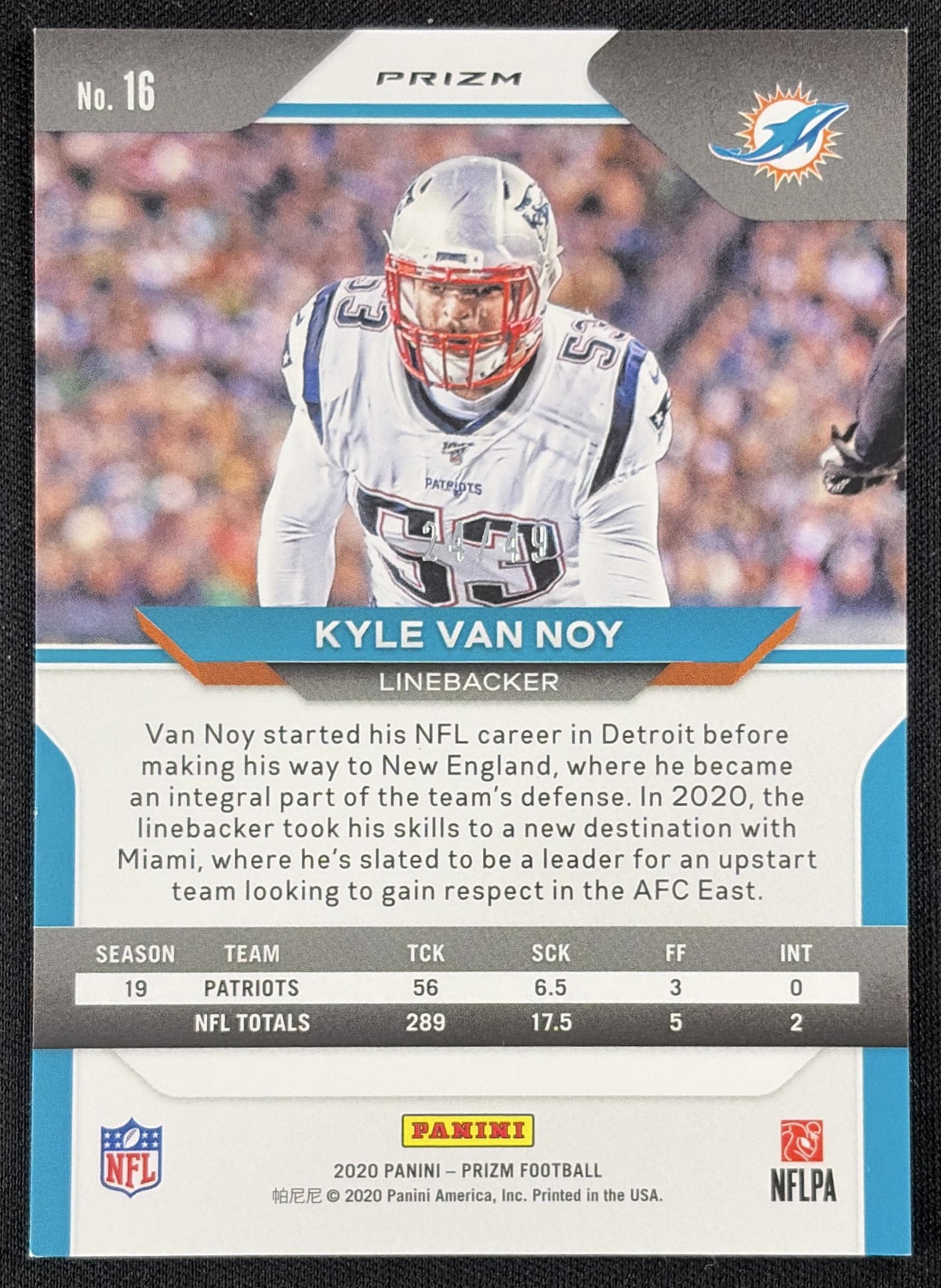 Kyle Van Noy 2020 Panini Prizm Red and Yellow /49 Dolphins