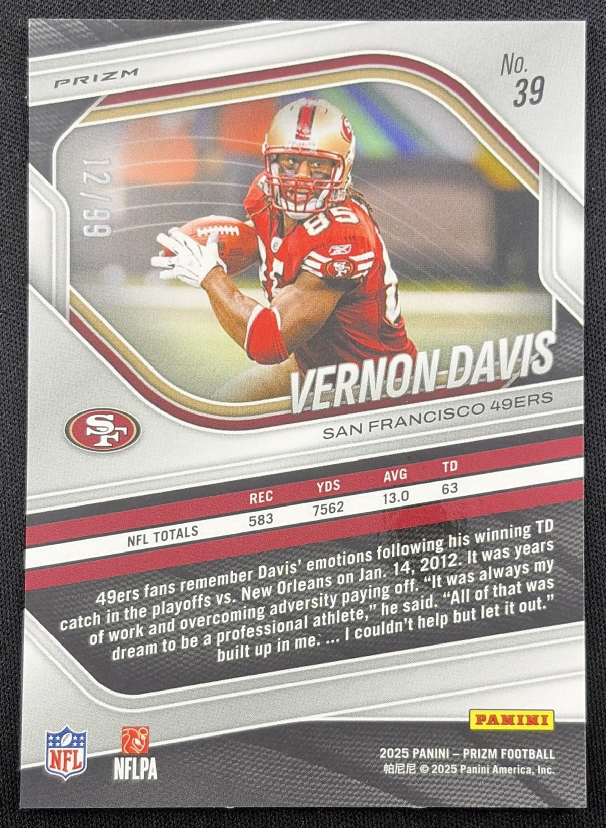 Vernon Davis 2025 Panini Prizm No Huddle Red /99 49ers San Francisco 49ers