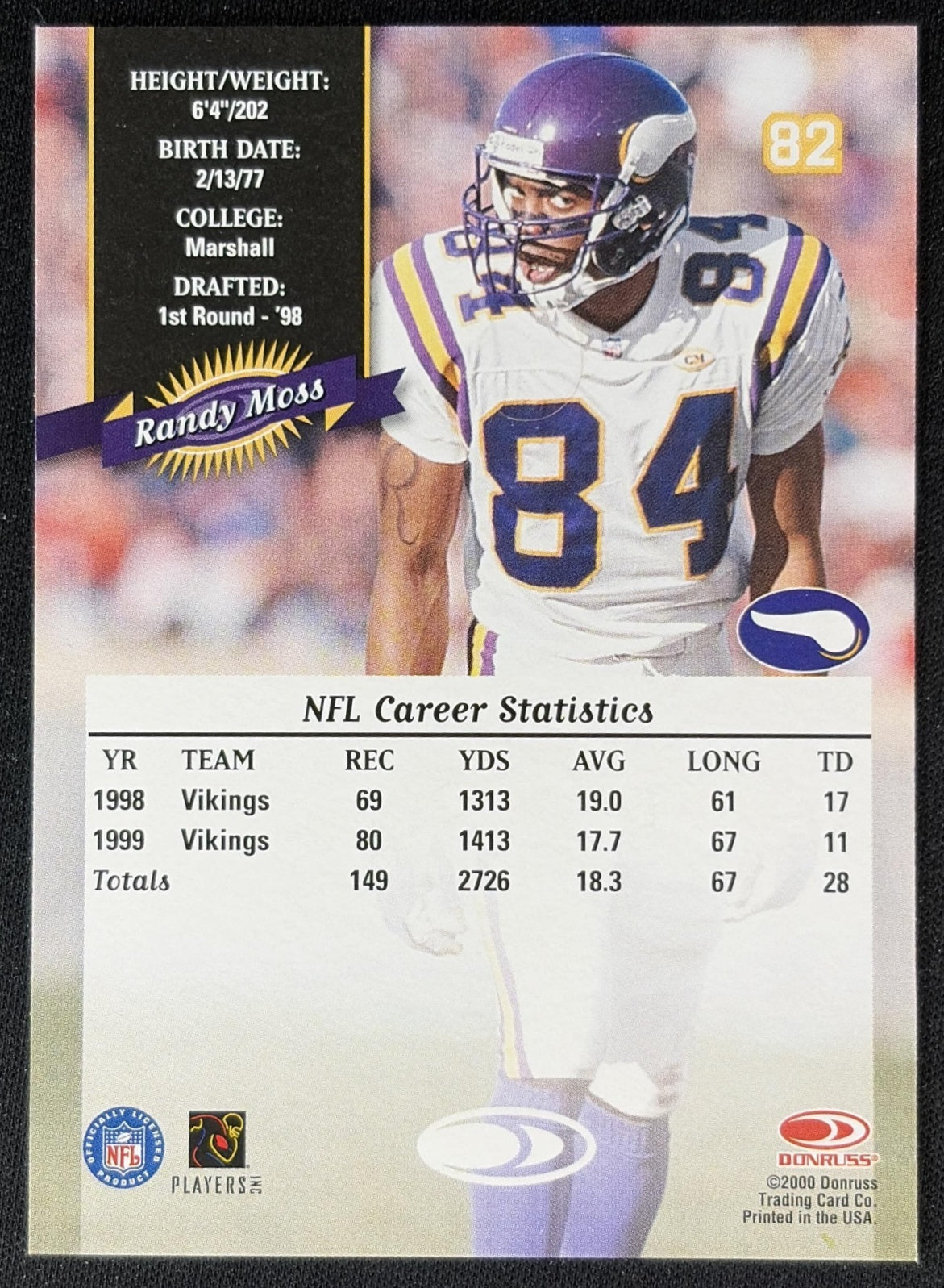 Randy Moss 2000 Donruss Vikings back