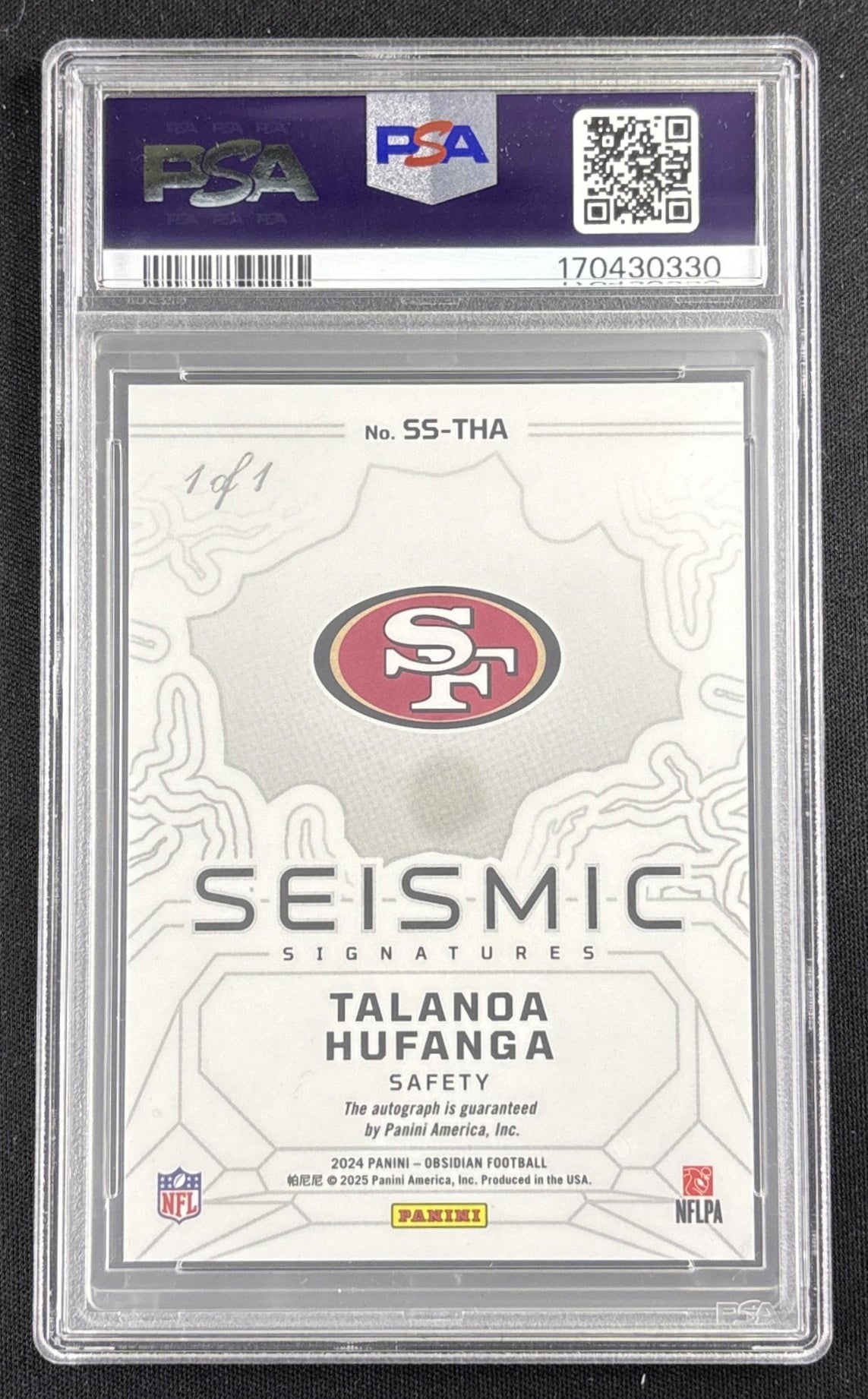 Talanoa Hufanga 2024 Panini Obsidian Seismic Signatures Vibrant Mojo 1/1 PSA 10 49ers Sports Trading Card