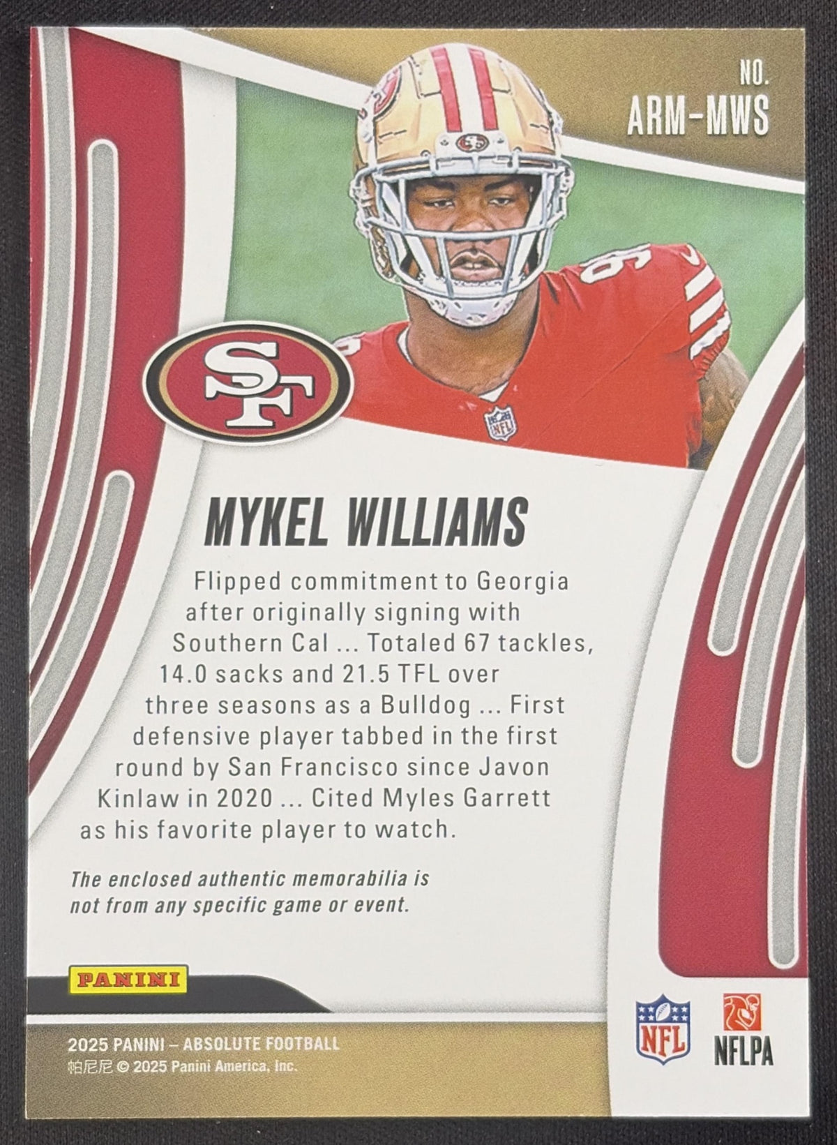 Mykel Williams 2025 Panini Absolute Rookie Materials 49ers