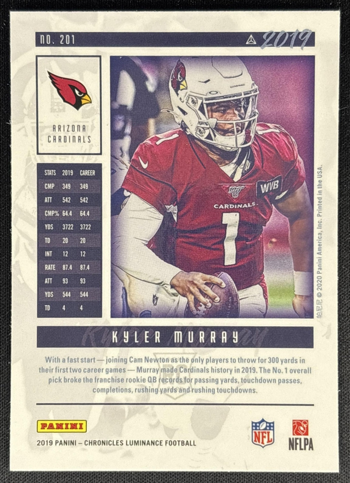 Kyler Murray 2019 Panini Chronicles Luminance Update Rookies Cardinals back