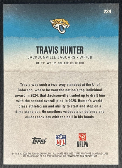 Travis Hunter 2025 Topps Signature Class Rookie Green & Purple Foil Jaguars back