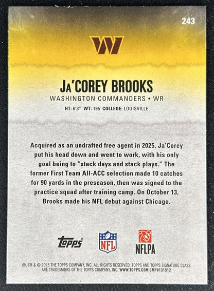 Ja'Corey Brooks 2025 Topps Signature Class Rookie Blue & Yellow Foil Commanders back