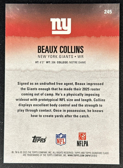Beaux Collins 2025 Topps Signature Class Green & Purple Rookie Giants back