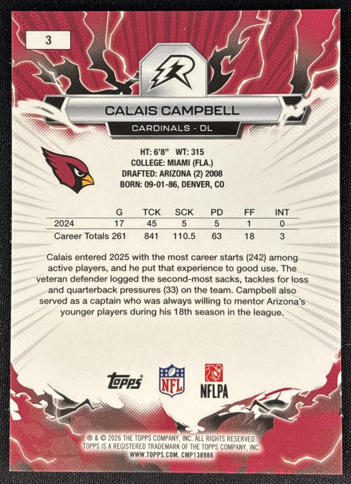Calais Campbell 2025 Topps Resurgence Cardinals Arizona Cardinals back