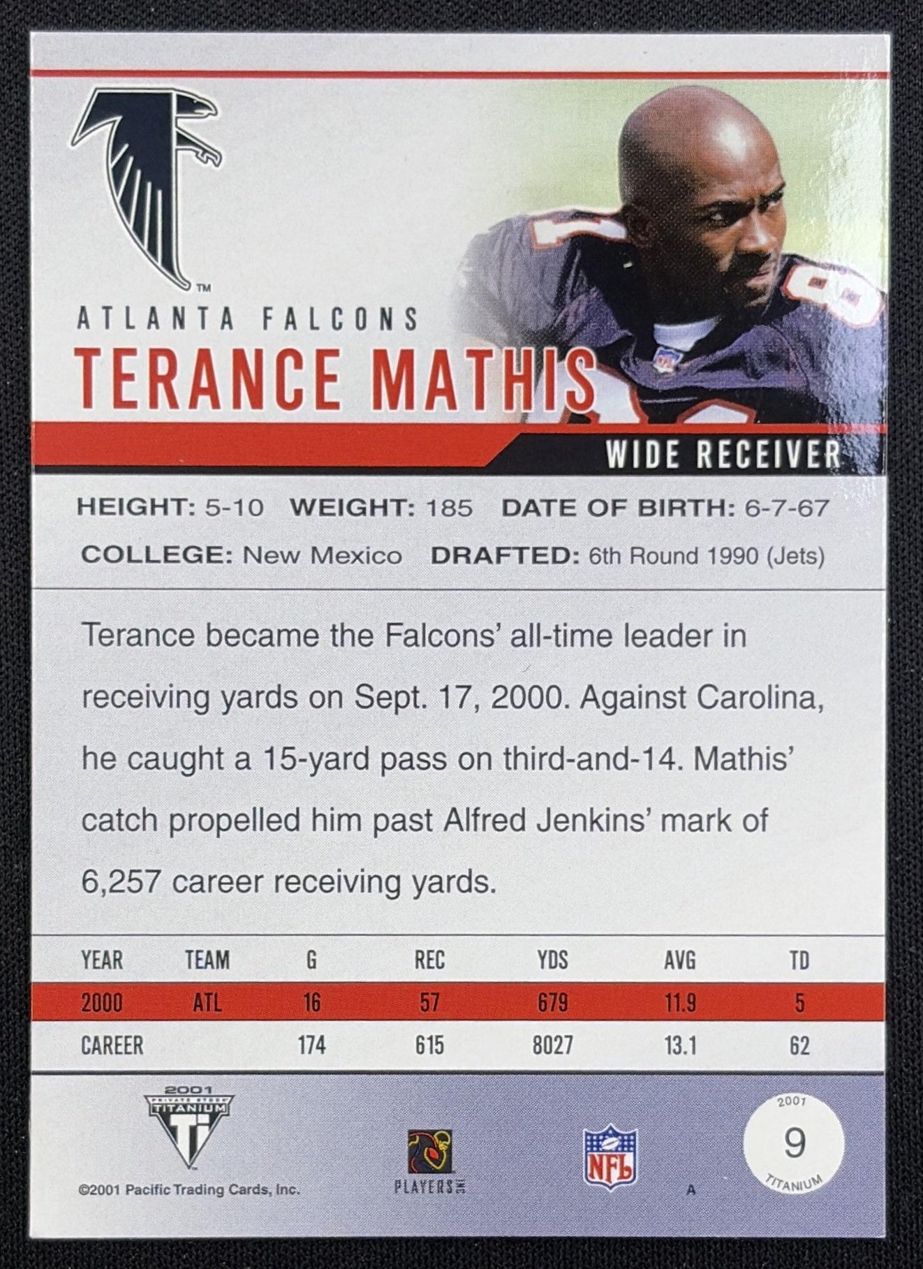 Terance Mathis 2001 Pacific Private Stock Titanium Red /58 Falcons back
