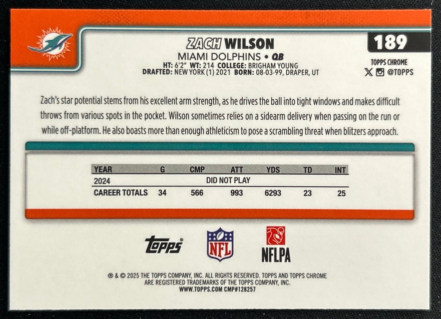 Zach Wilson 2025 Topps Chrome Dolphins Sports Trading Cards