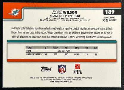 Zach Wilson 2025 Topps Chrome Dolphins Sports Trading Cards