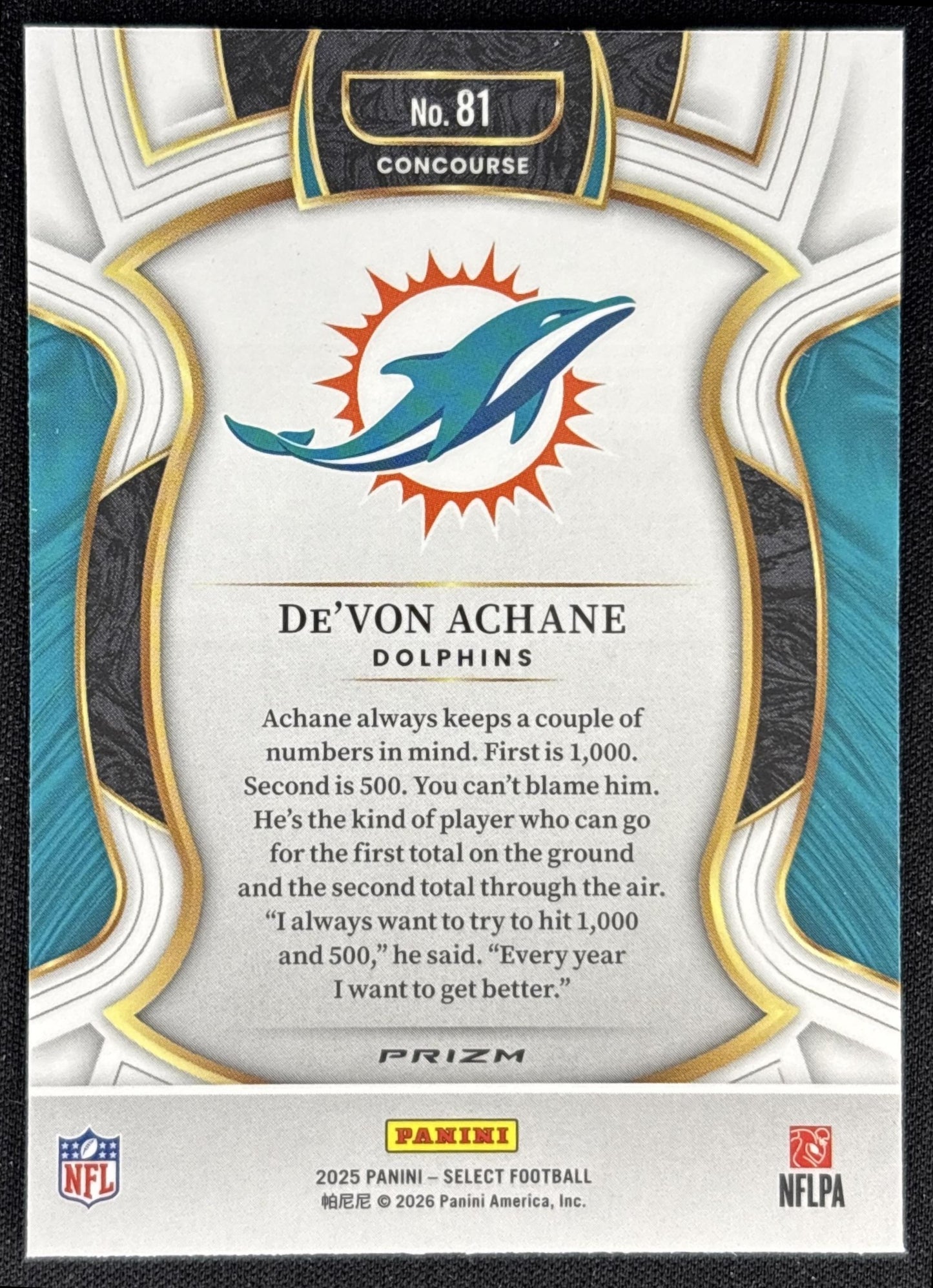 De'Von Achane 2025 Panini Select Concourse Pink Prizm Shock Dolphins back