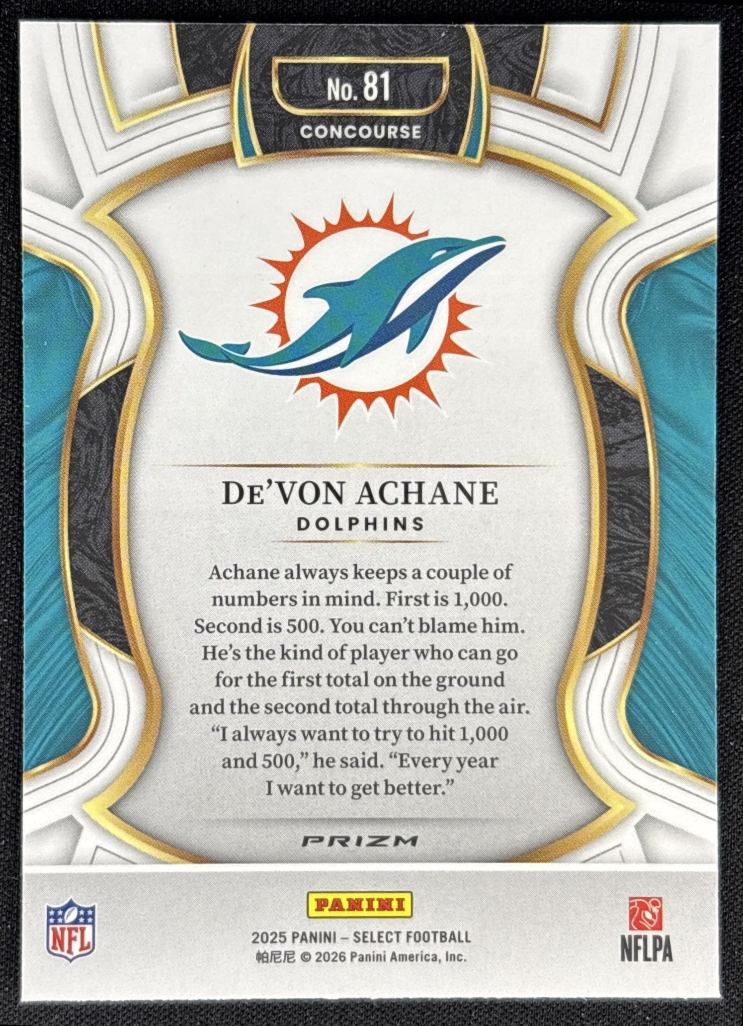 De'Von Achane 2025 Panini Select Concourse Pink Prizm Shock Dolphins back