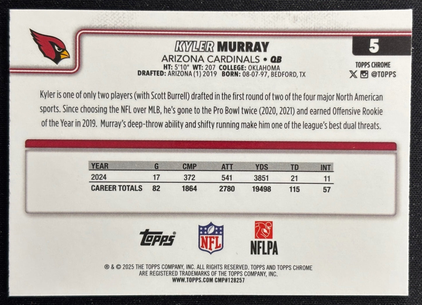 Kyler Murray 2025 Chrome RayWave Refractor Cardinals