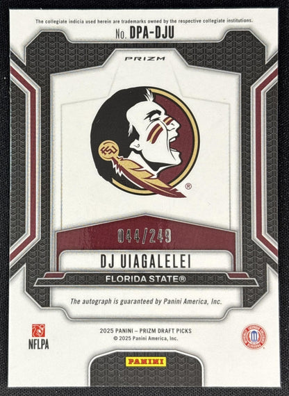 DJ Uiagalelei 2025 Panini Prizm Draft Picks Auto Blue /249 Seminoles Back