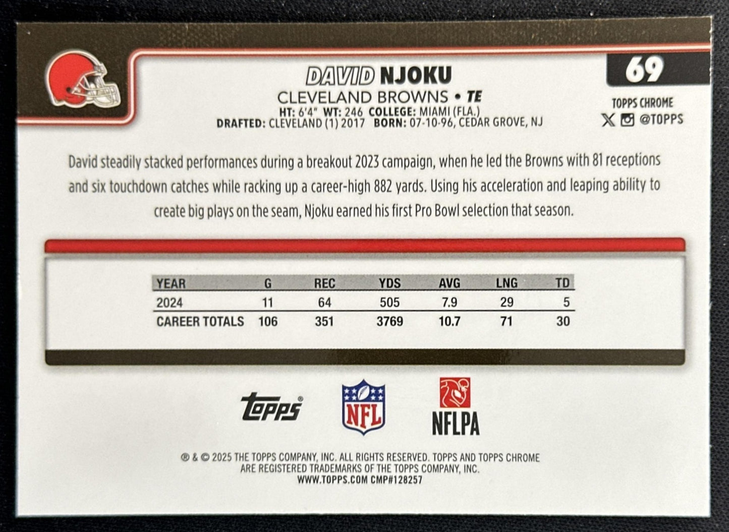 David Njoku 2025 Topps Chrome Neon Pulse Refractor Browns