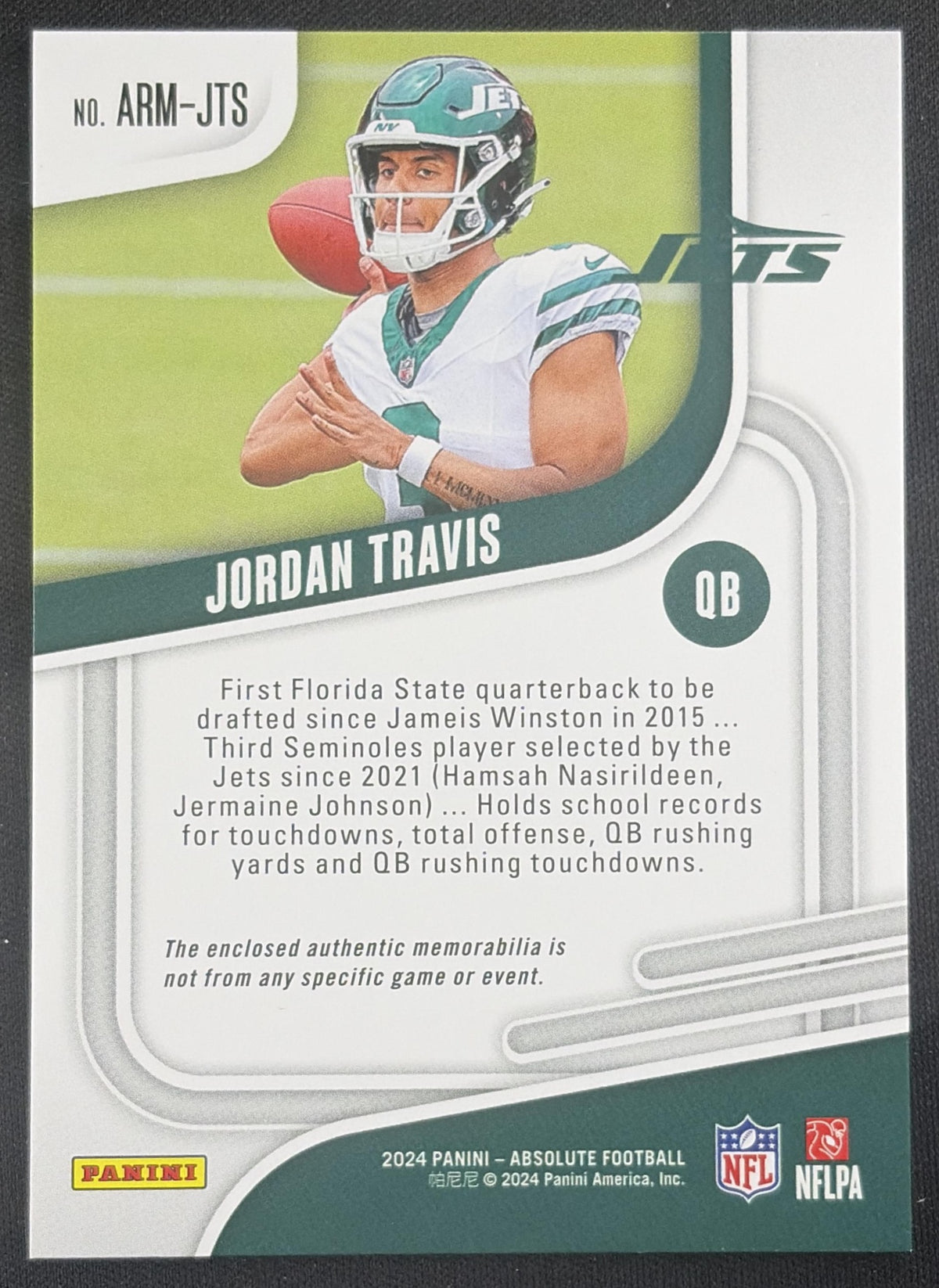 Jordan Travis 2024 Panini Absolute Rookie Materials Jets