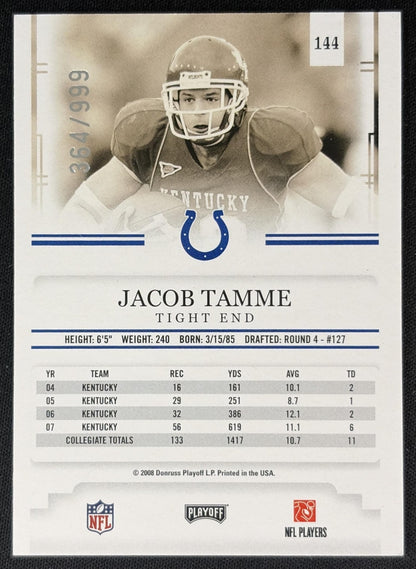 Jacob Tamme 2008 Playoff Prestige Draft Picks Light Blue /999 Colts back