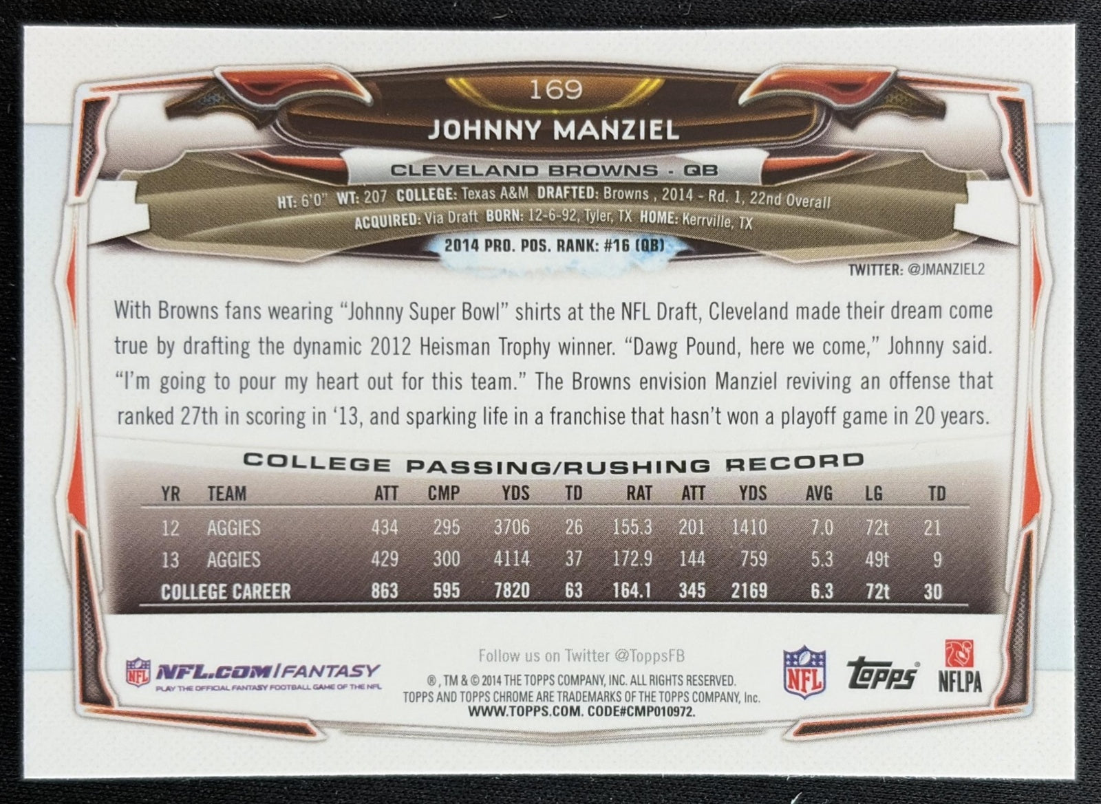 Johnny Manziel 2014 Topps Chrome Browns back