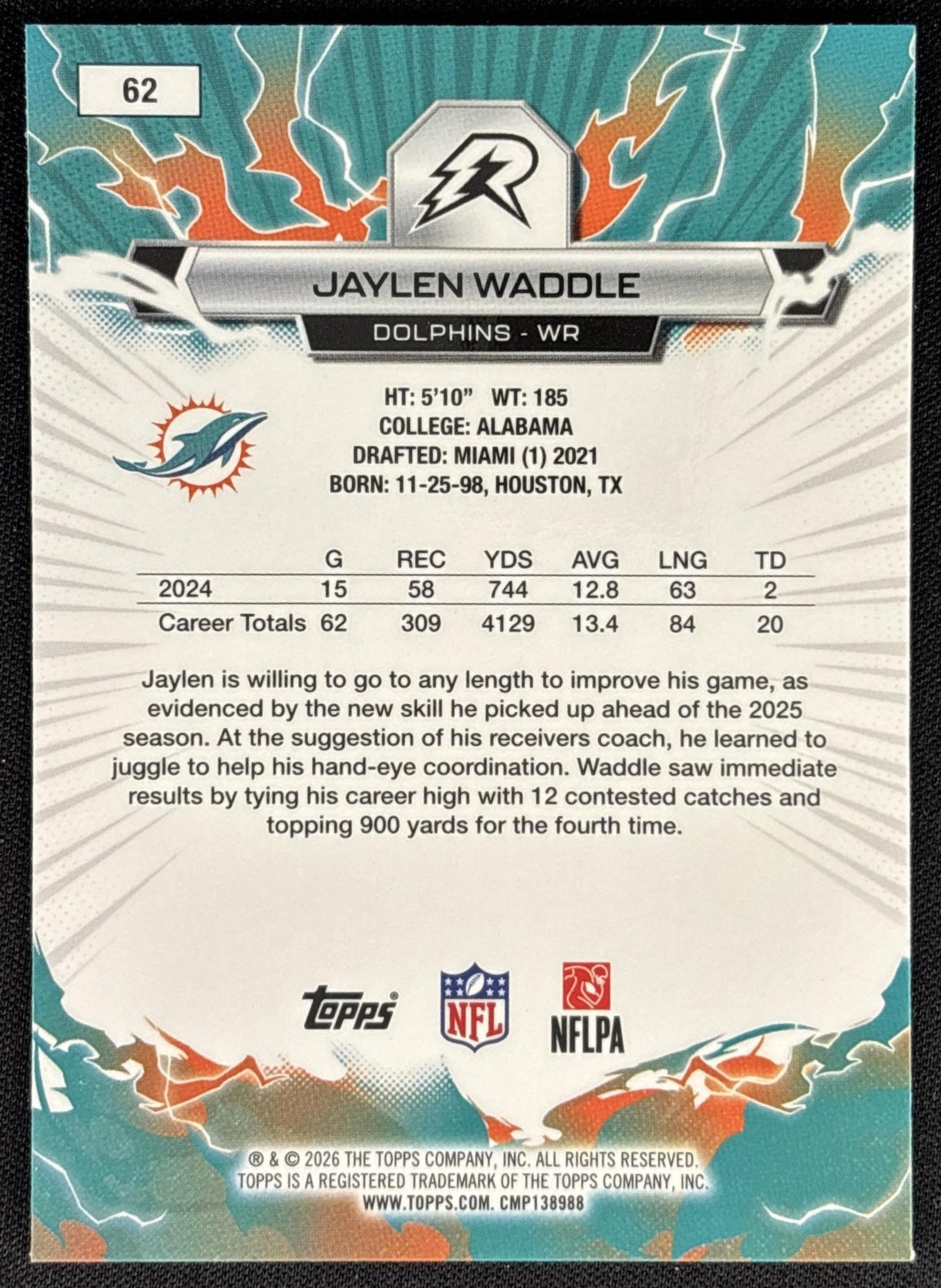 Jaylen Waddle 2025 Topps Resurgence Blue and Orange Spark Refractor Dolphins