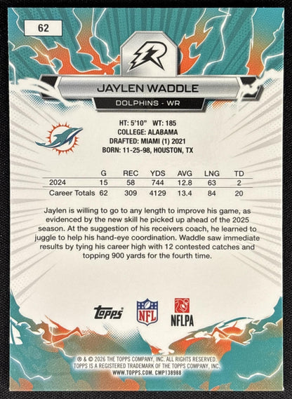 Jaylen Waddle 2025 Topps Resurgence Blue and Orange Spark Refractor Dolphins