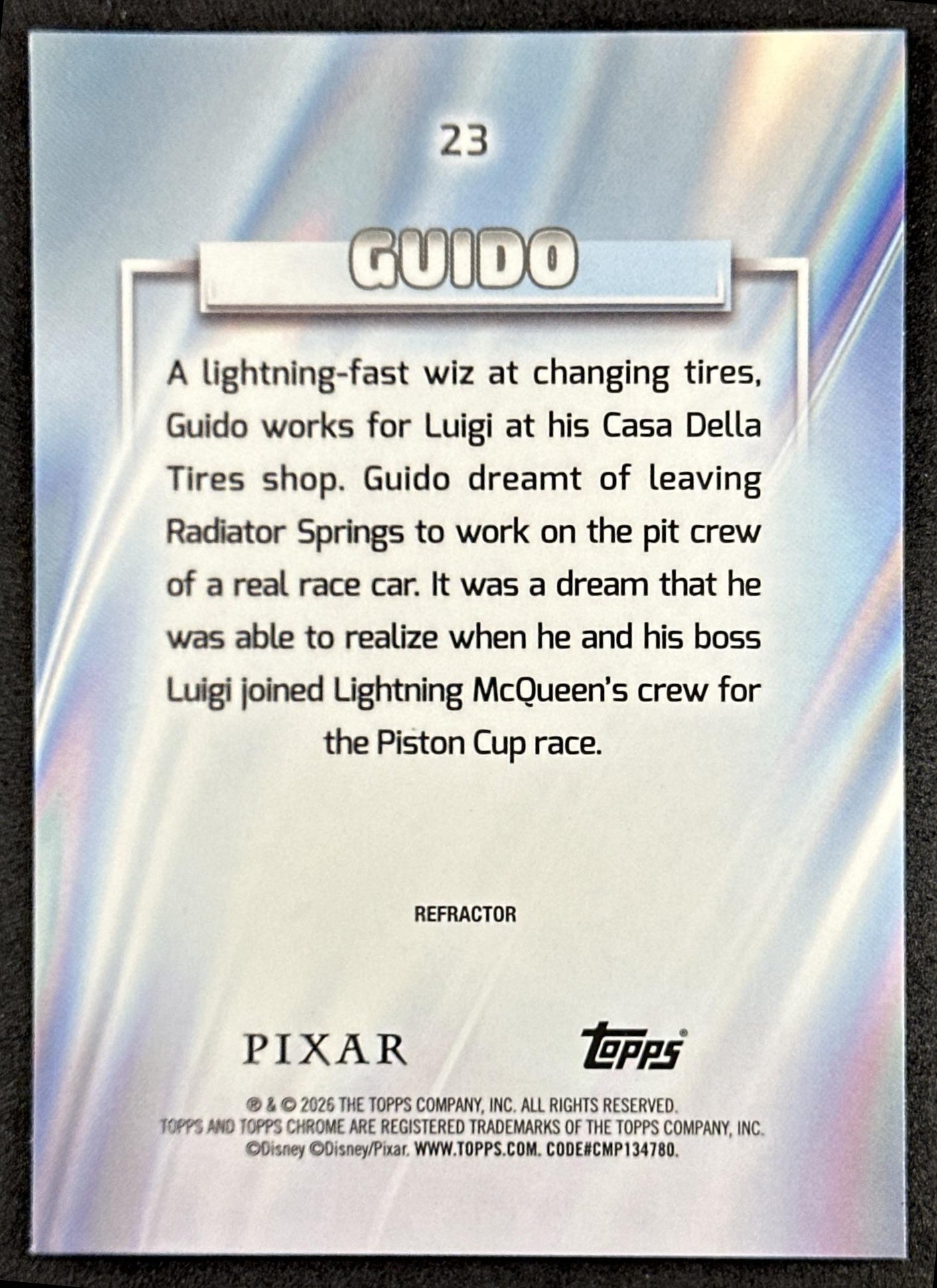 Guido 2026 Topps Chrome Disney Refractor Cars Back