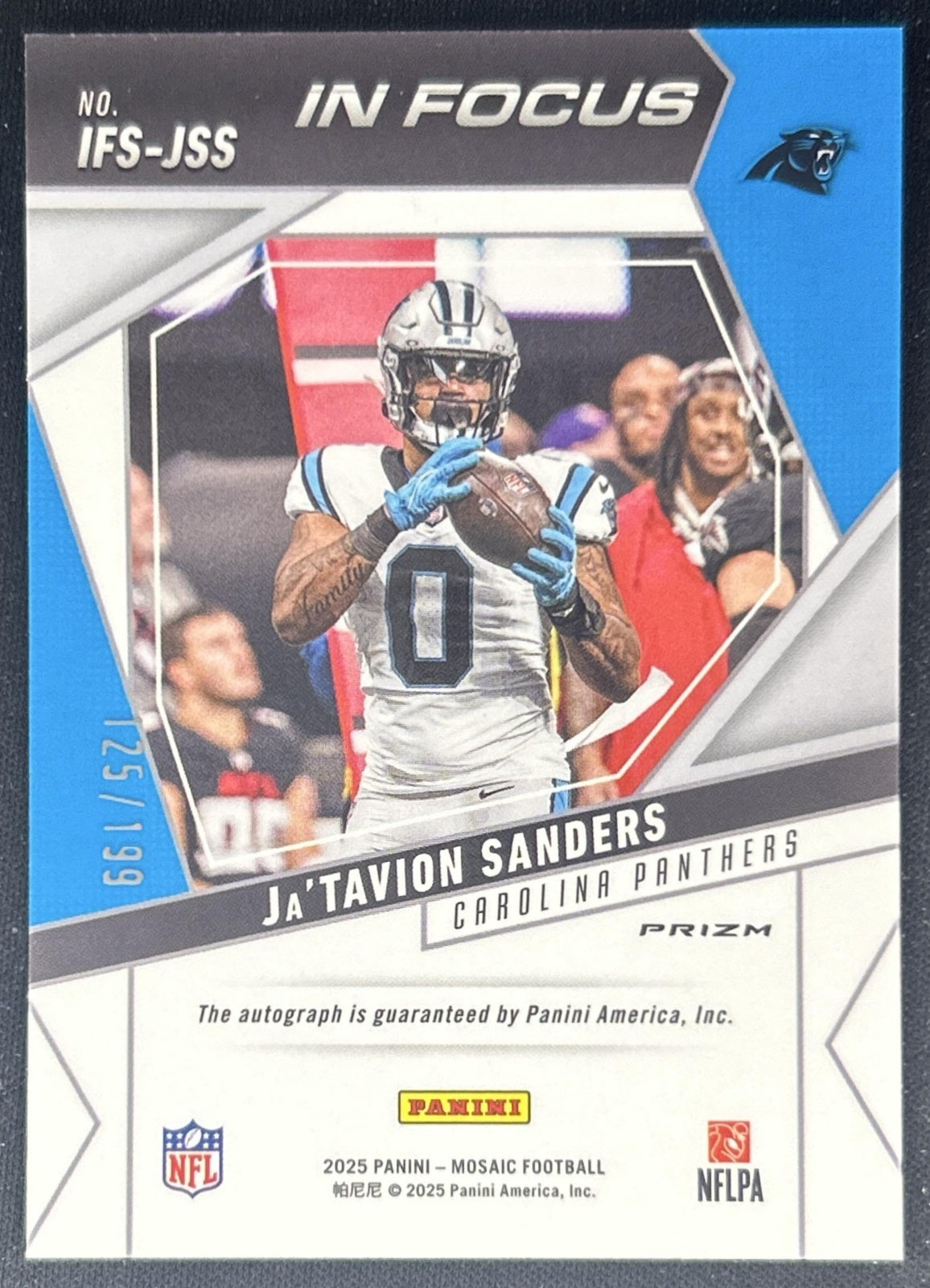 Ja'Tavion Sanders 2025 Panini Mosaic In Focus Signatures Red Prizm /199 Panthers back