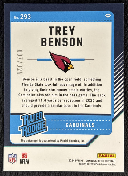 Trey Benson 2024 Panini Donruss Optic Rated Rookie RPS Auto /325 Cardinals