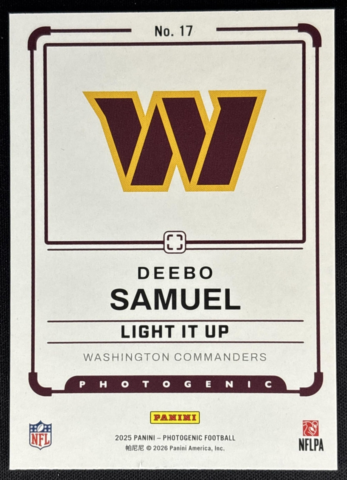 Deebo Samuel 2025 Panini PhotoGenic Light It Up Blue /49 Commanders
