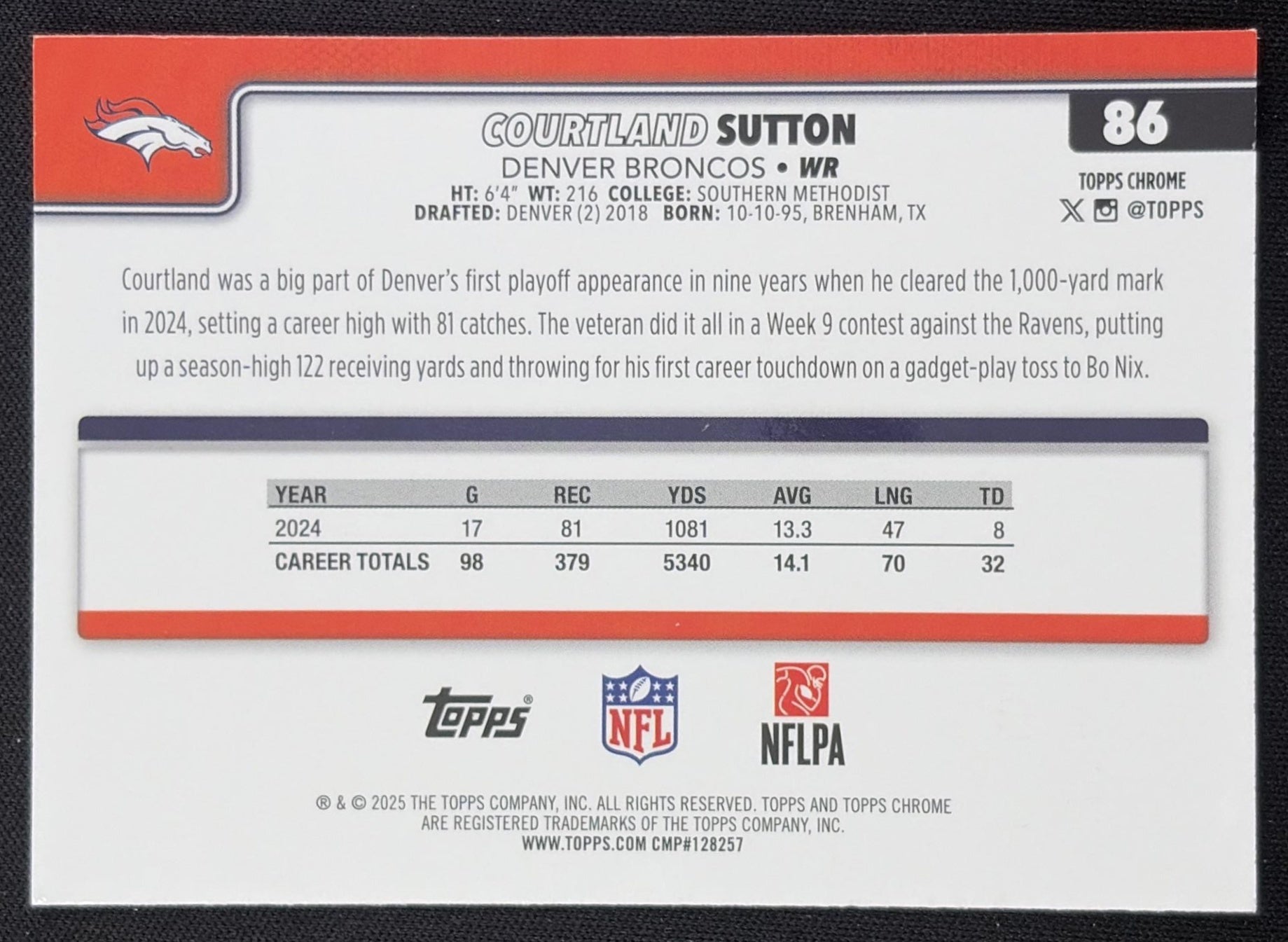 Courtland Sutton 2025 Topps Chrome Yellow Wave Refractor /275 Broncos Denver Broncos