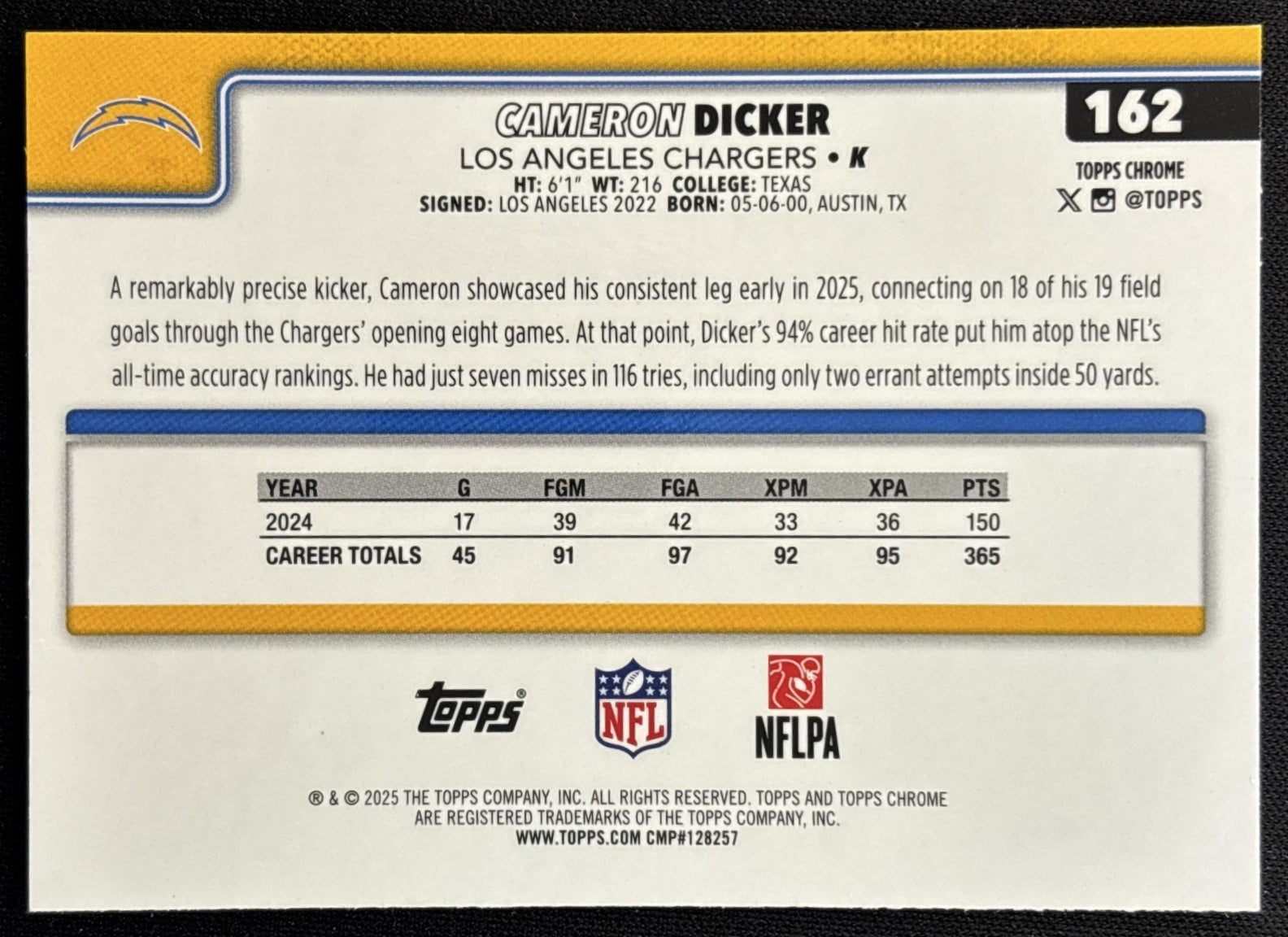 Cameron Dicker 2025 Topps Chrome Blue Wave Refractor /150 Chargers Sports Trading Card