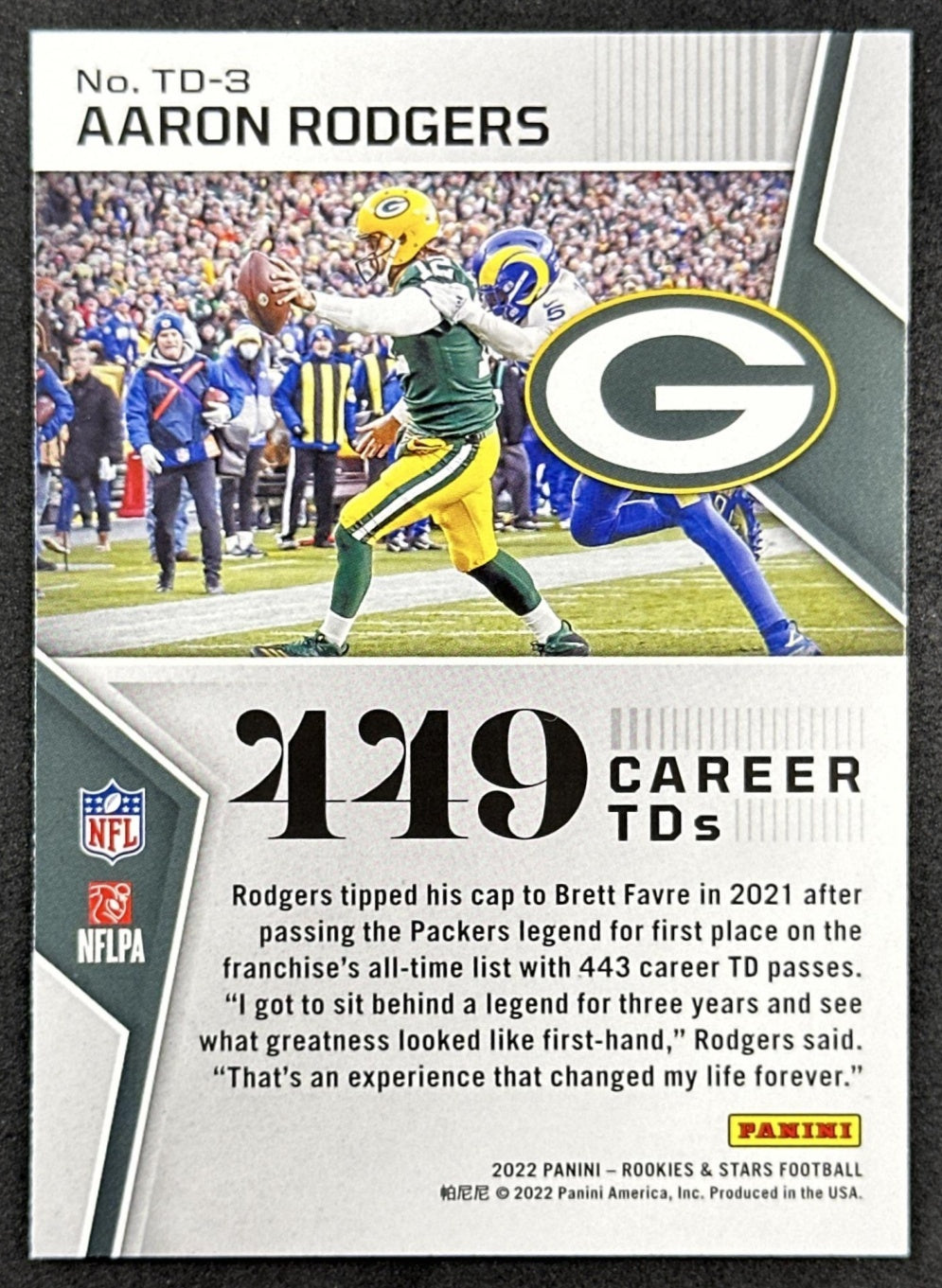 Aaron Rodgers 2022 Panini Rookies & Stars Touchdown Club Packers Back