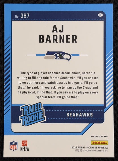 Back of AJ Barner 2024 Panini Donruss Optic Rated Rookies Preview Green Velocity Seahawks sports trading card