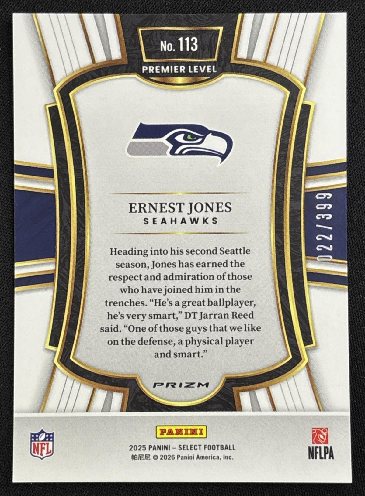 Ernest Jones 2025 Panini Select Premier Level Orange Prizm Shock /399 Seahawks - back
