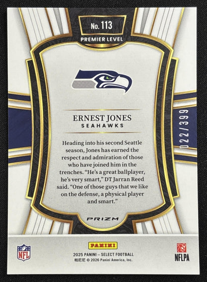 Ernest Jones 2025 Panini Select Premier Level Orange Prizm Shock /399 Seahawks - back
