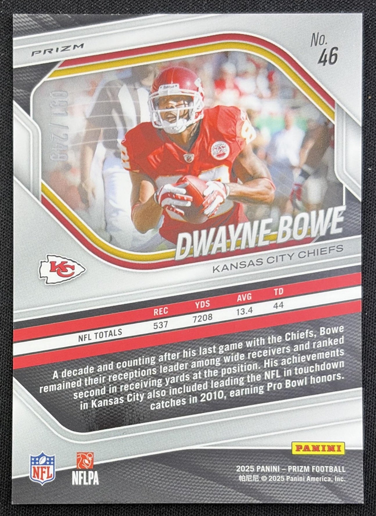 Dwayne Bowe 2025 Panini Prizm Orange /249 Chiefs back