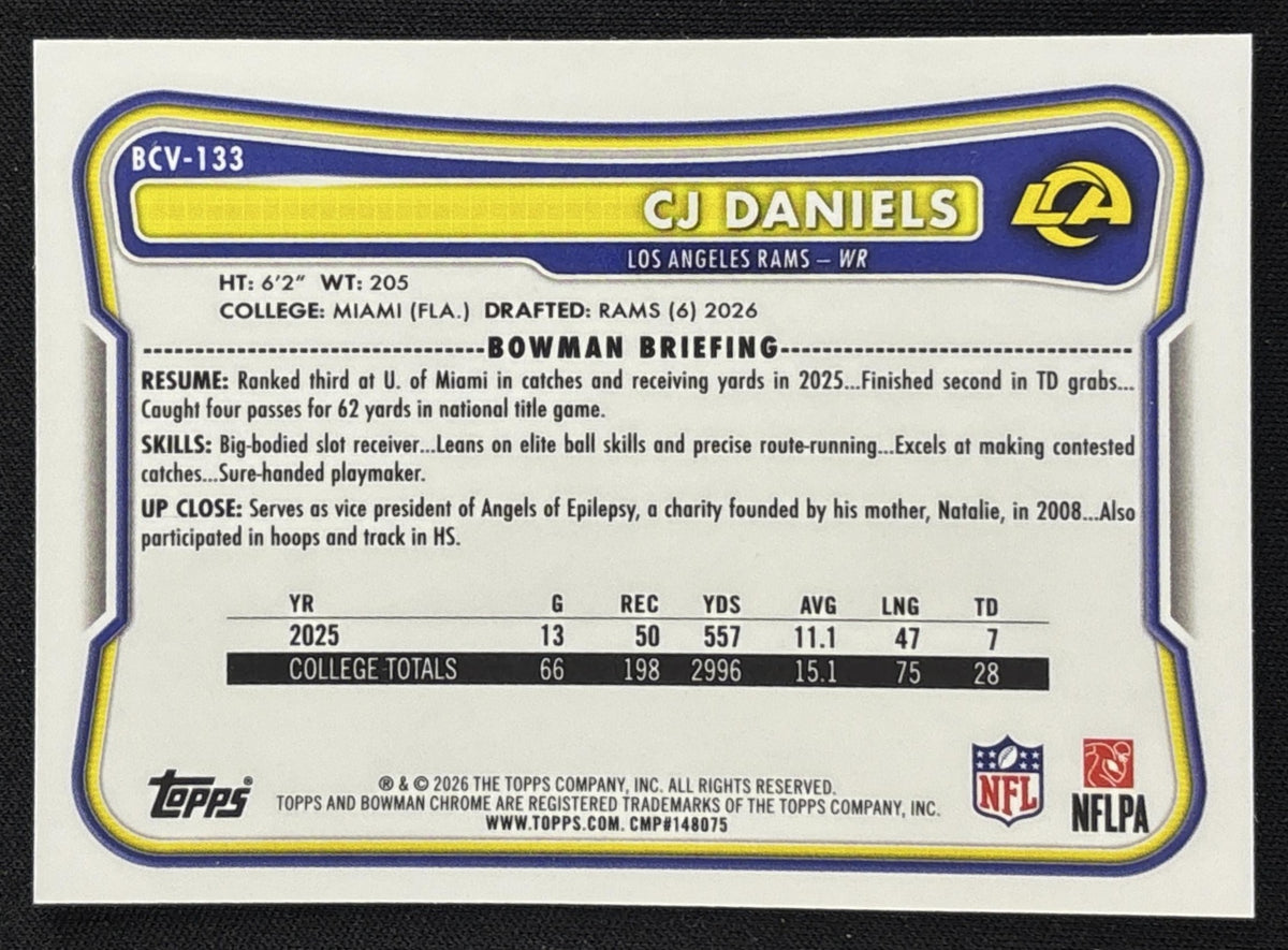 CJ Daniels 2026 Bowman Chrome NFL Speckle Refractor Rams Sports Trading Card