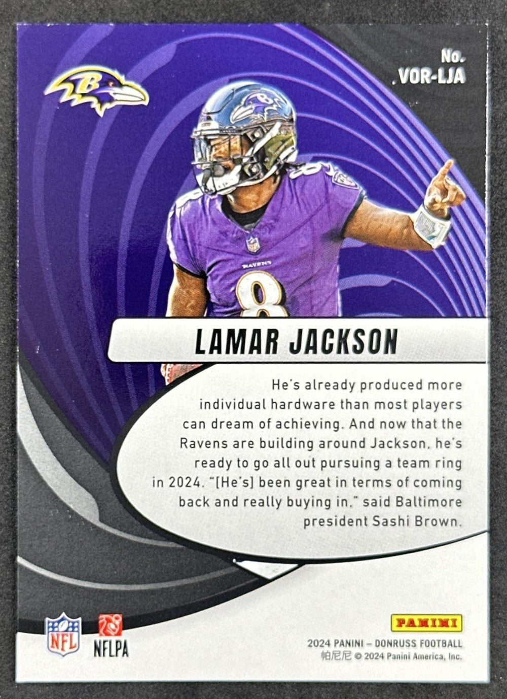Lamar Jackson 2024 Panini Donruss Vortex Ravens back