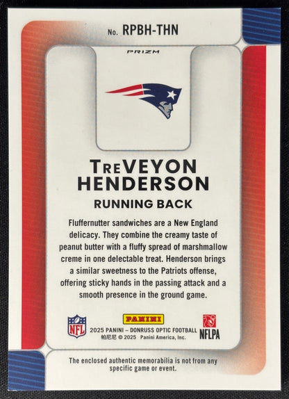 TreVeyon Henderson 2025 Donruss Optic Rookie Phenoms Blue Hyper Prizm Patriots Sports Trading Card