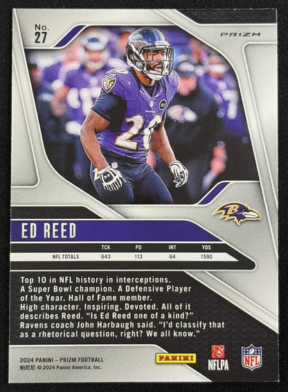 Back of Ed Reed 2024 Panini Prizm Neon Green Pulsar Prizm Ravens sports trading card