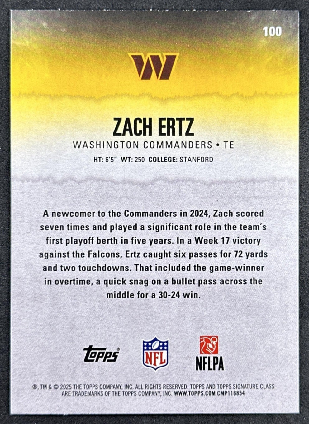 Zach Ertz 2025 Topps Signature Class Veteran Green & Purple Foil Commanders back sports trading card